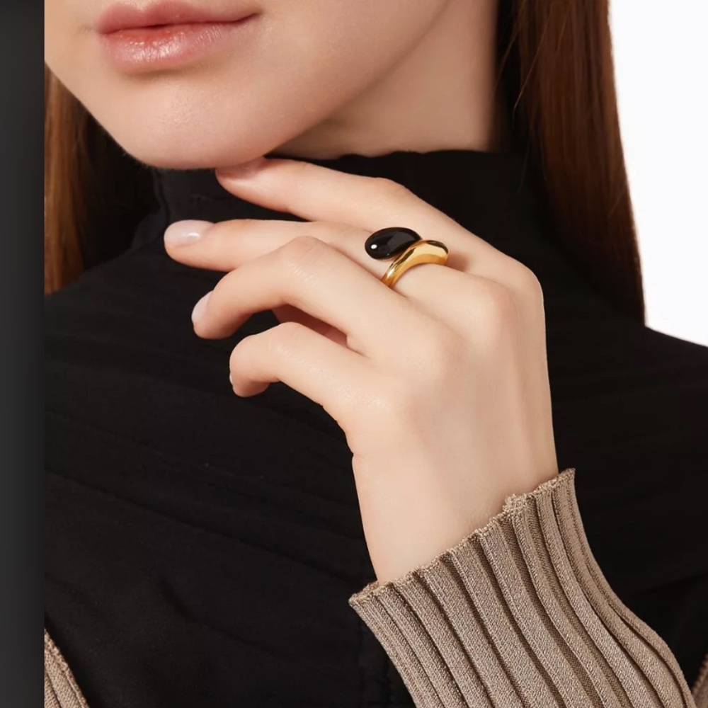 Missoma Squiggle Enamel Crossover Ring 18k Gold Vermeil/Black - LIKE NEW!